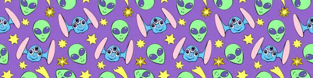 Vector illustration of Seamless pattern with funny Aliens heads, stars in doodle flat style. Humanoids, visitors, Martians. Vector cute background, texture on theme of space, UFO, fantastic, kids design