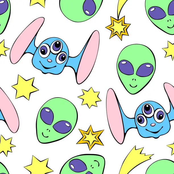 Vector illustration of Seamless pattern with funny Aliens heads, stars in doodle flat style. Humanoids, visitors, Martians. Vector cute background, texture on theme of space, UFO, fantastic, kids design