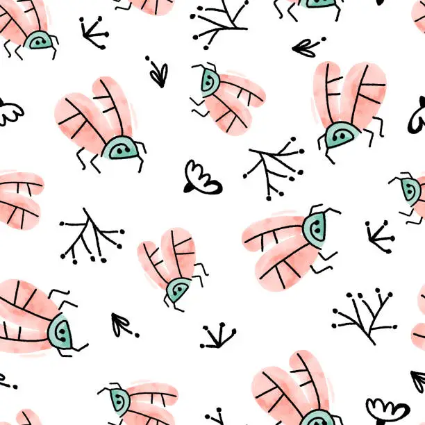 Vector illustration of Funny Watercolor Doodle Flies Vector Seamless Pattern