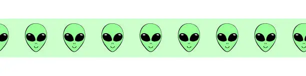 Vector illustration of Edging, ribbon, border of Aliens green heads. Humanoids, visitors, Martians. Decorative element, decoration on theme of space, UFO, conspiracy theory, Sci-fi, kids design