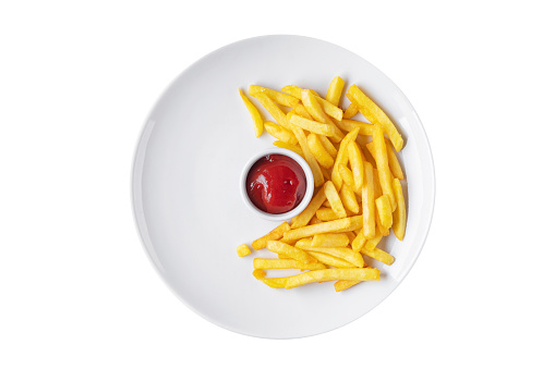 French fries with ketchup in a bowl in a plate on a white background