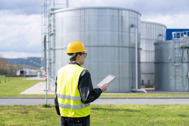 istock Engineer on a background of gas tanks. 1494273058