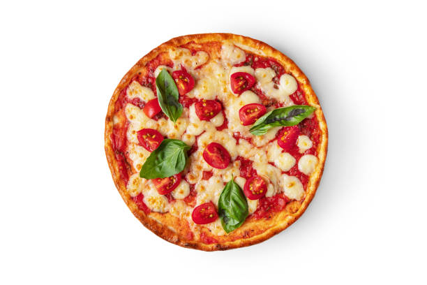 istock Pizza with tomatoes, ketchup, basil and cheese in a plate on a white background 1494273350
