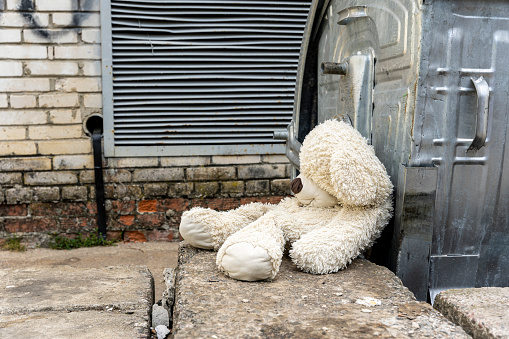 abandoned teddy bear near the dumpsters. the concept of betrayal and abandonment. loneliness, pain and depression