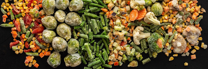 Frozen vegetable mix banner, frozen green beans and broccoli, corn and carrots, brussels sprouts and cauliflower, peas and bell peppers, eggplant and zucchini, top view