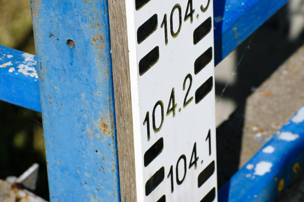 old river water level indicator close up.  Water gauge