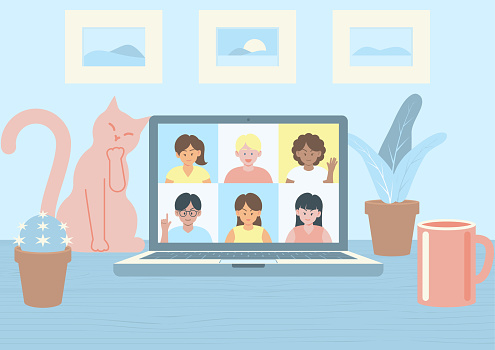Video conference with multiracial young colleagues on laptop computer screen with cat on wooden table in cozy room interior, in perspective view flat design