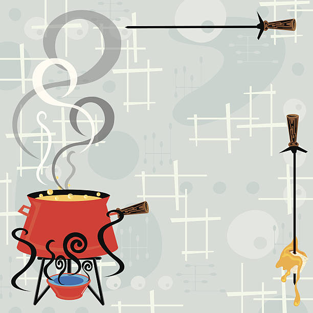 Retro Fondue Party Invitation Retro fondue party invitation with a cool and modern feel. Bubbling and steaming pot of cheesy fondue and a skewer with a bread cube and dripping cheese against a retro background. fondue stock illustrations