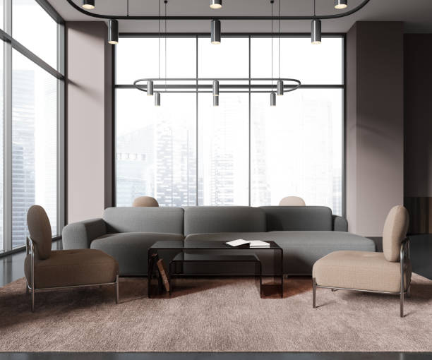 istock Office interior relax place with couch and armchairs, panoramic window 1494277655