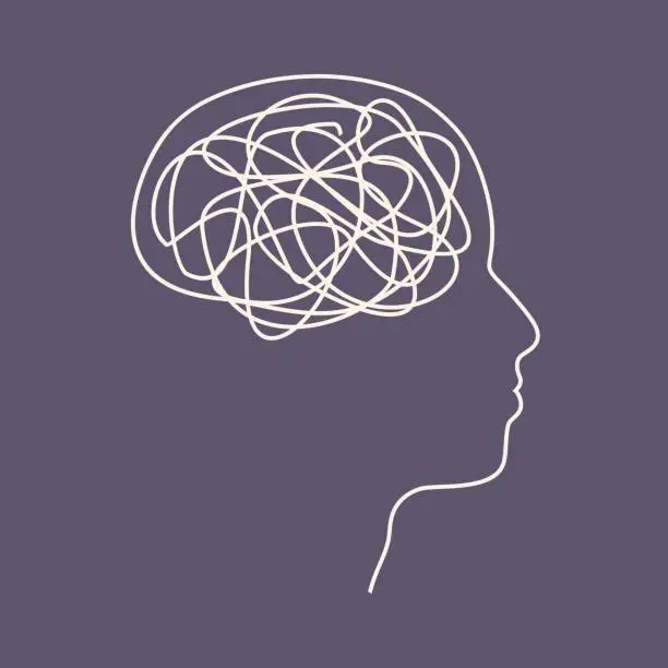 Vector illustration of Psychotherapy, stress and psychosis. A man head in profile with a tangled ball of nerves, scribbles symbolizing a depressed state of a person. Psychological help. Personality disorder and depression