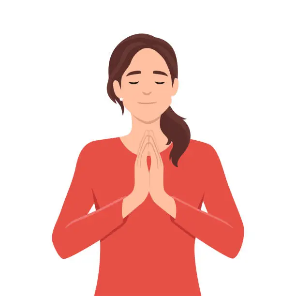 Vector illustration of Woman praying.Beautiful woman meditates. Zen and relaxation.