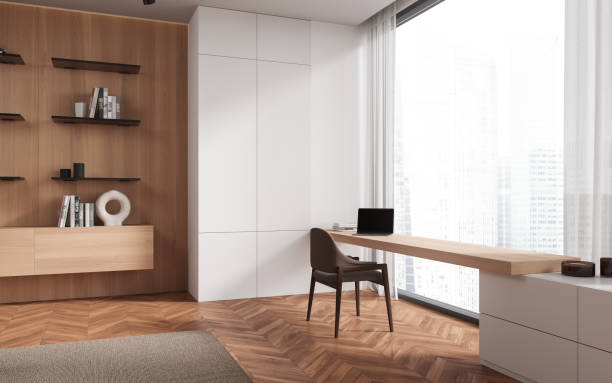 istock Modern home living room interior with workplace, decoration and panoramic window 1494279085