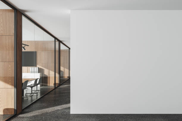 istock Light business office interior with board and chairs, mockup wall 1494279369