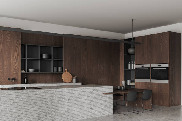 istock Dark wooden kitchen corner with island 1494279717