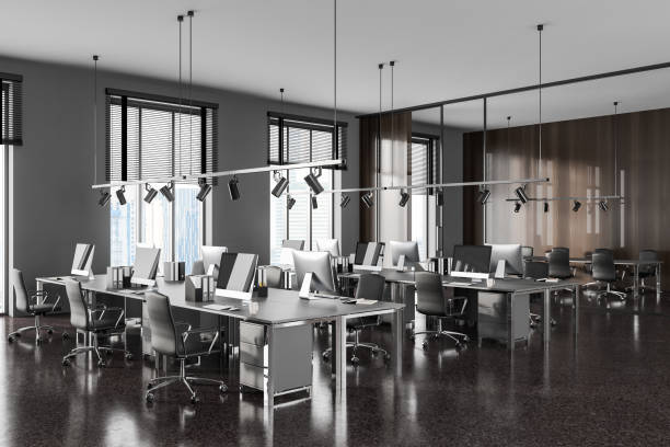 istock Grey office room interior with meeting and coworking zone, panoramic window 1494280156