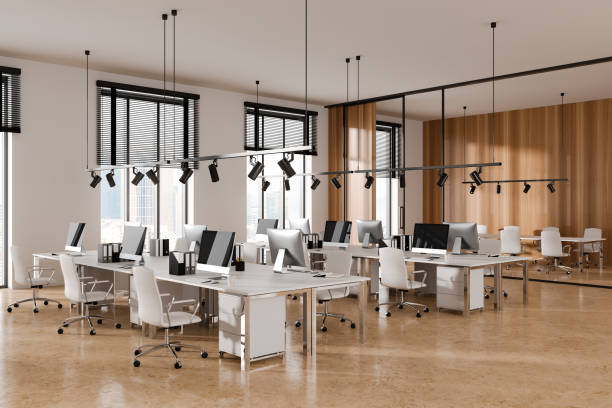 istock Light office room interior with coworking and meeting space, panoramic window 1494280246