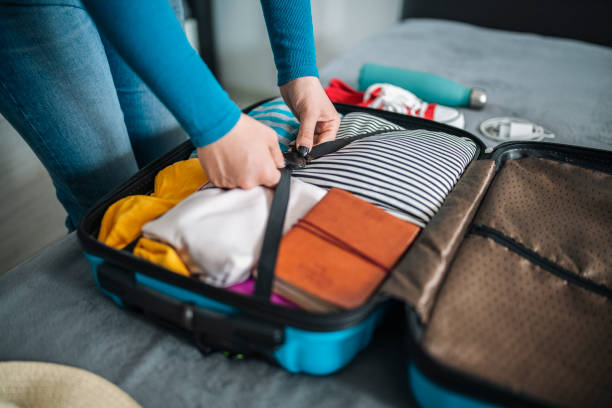 istock Woman packing suitcase for travel. 1494280386