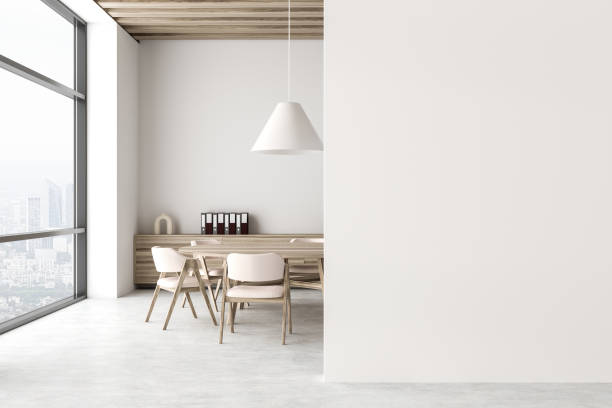 istock Light office room interior with meeting table and panoramic window, mockup wall 1494280471