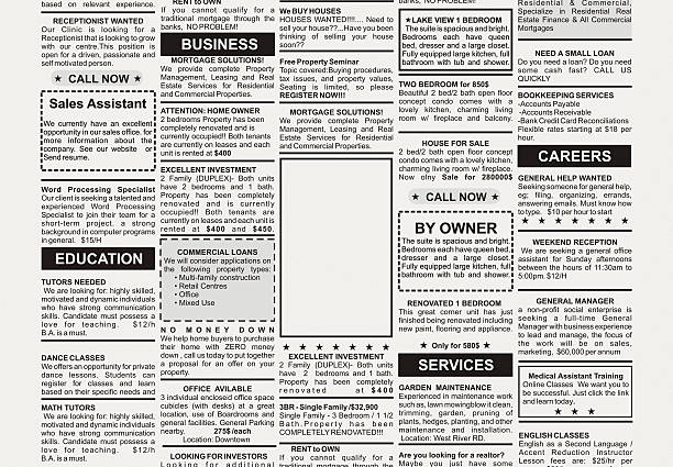 Group of black and white classified adverts in a newspaper Fake Classified Ad, newspaper, business concept. classified ad stock pictures, royalty-free photos & images