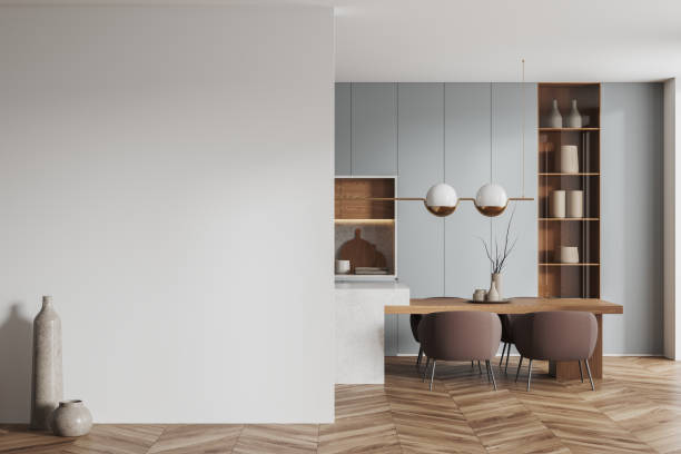 istock Stylish home kitchen interior with eating and dining area, mockup wall 1494282275