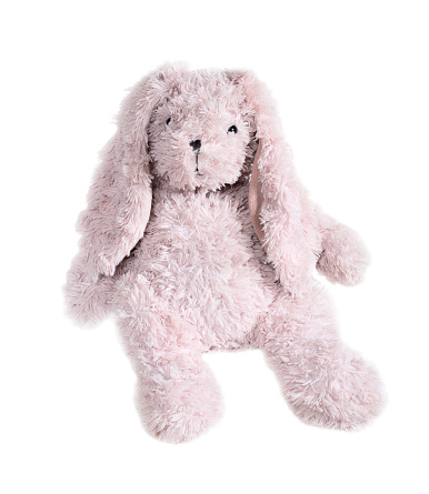 Pink rabbit doll with big ears isolated on white background. Cute stuffed animal and fluffy fur for kids. Bunny doll