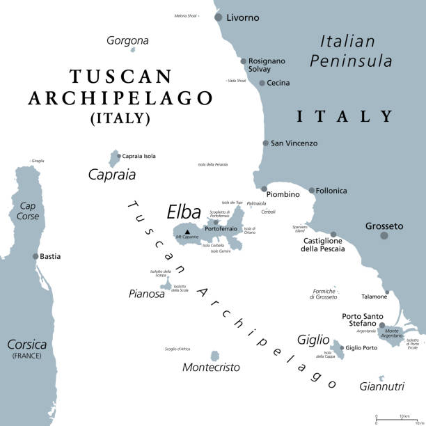 トスカーナ諸島、イタリアの島々のチェーン、灰色の政治地図 - isle of elba点のイラスト素材／クリップアート素材／マンガ素材／アイコン素材