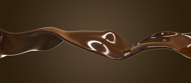 Chocolate ribbon swirl wave line 3d render, flow of black or milk choco, brown molten liquid texture of cocoa, sauce or syrup on dark background. Advertising banner template, pattern. 3D illustration