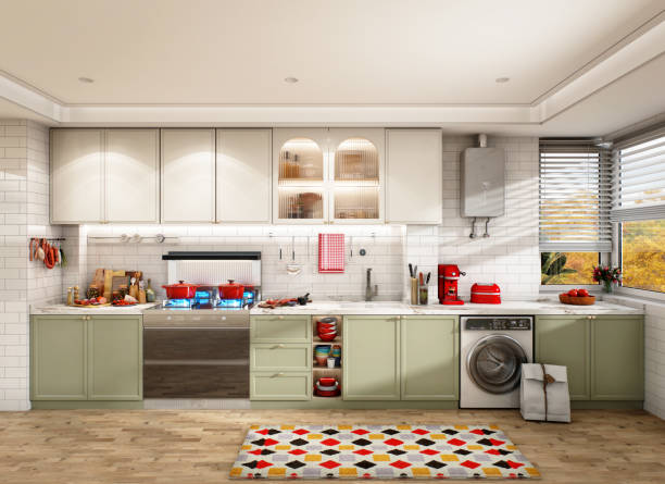 Digitally generated cozy Nordic style domestic kitchen interior design.\n\nThe scene was created in Autodesk® 3ds Max 2024 with V-Ray 6 and rendered with photorealistic shaders and lighting in Chaos® Vantage with some post-production added.