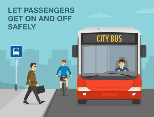 Vector illustration of Pedestrian safety and car driving rules. Businessman getting on the bus. Let passengers get on and off safely. Male cyclist is approaching the bus stop. Front view.