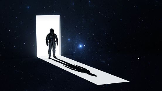 Astronaut cosmonaut stands in doorway from light into darkness of space. Silhouette of man in spacesuit, shadow, portal to the unknown. In search of new stars and galaxies. 3d illustration. No NASA elements!