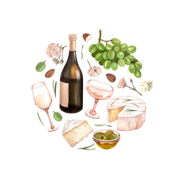 szablon ramki wina i sera akwarelowego. ręcznie rysuj okrągłe tło karty z przedmiotami jedzenia na izolowanej bieli. butelka białego wina i szklanka oraz szklanka, oliwa, zielone winogrona, sery i kwiaty - cheese wine white background grape stock illustrations