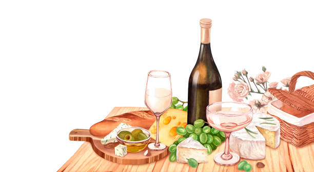 akwarelowa butelka białego wina, świeże dojrzałe zielone winogrona, ser na drewnianym stole. ręcznie rysuj tło z obiektami spożywczymi na piknik. koncepcja karty win, etykiety, banera, menu, ulotki, szablonu broszury - cheese wine white background grape stock illustrations