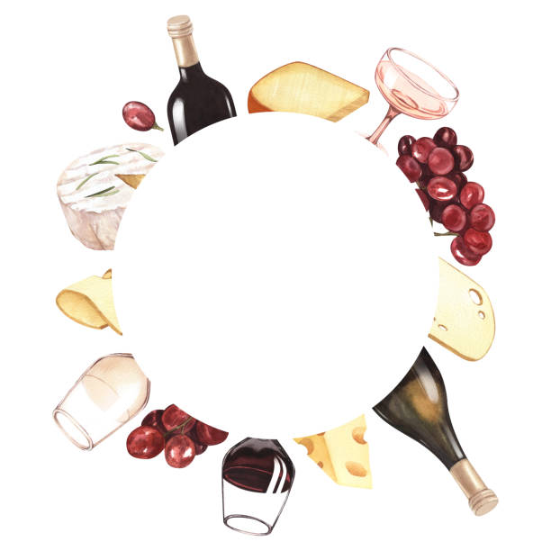 istock Watercolor wine and cheese round frame template. Hand draw circle card background with food objects on isolated white. Drink for food menu, cafe, wine list, label, banner, flyer, brochure 1494286309