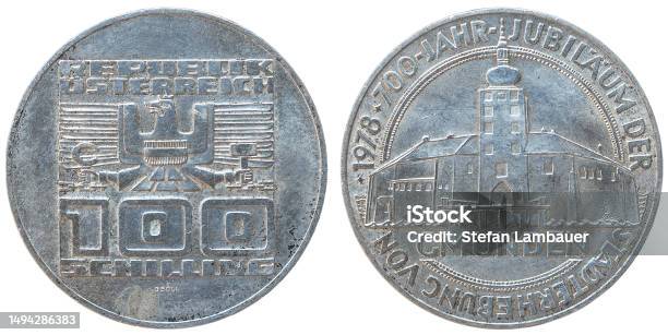 Austrian Silver 100 Shilling Coin From 1978 Republic Of Austria And Gmunden City Hall 700th Anniversary Of The City Of Gmunden Stock Photo - Download Image Now