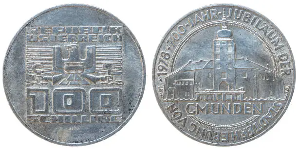 Photo of Austrian silver 100 shilling coin from 1978. Republic of Austria and Gmunden City Hall. 700th anniversary of the city of Gmunden.