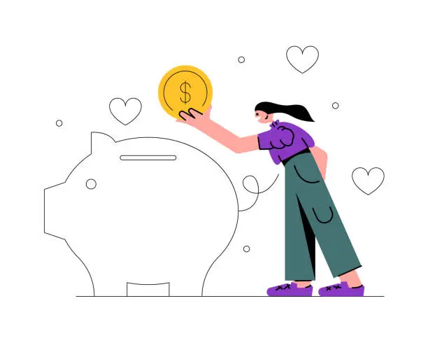 Vector illustration of Female from volunteering organization standing near piggy bank, holding coin