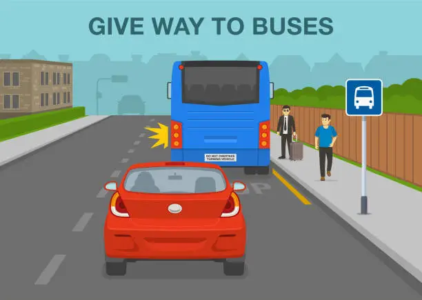 Vector illustration of Safety driving and traffic regulating rules. Give way and priority to buses especially when they are signaling to pull away from stops. City bus stop scene.