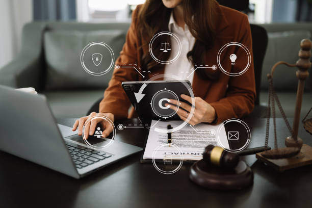 istock Copyright or patent concept, Business team analyzing data and using smart phone and tablet with virtual screen copyright icon trademark license, Creation ownership against piracy. 1494287465