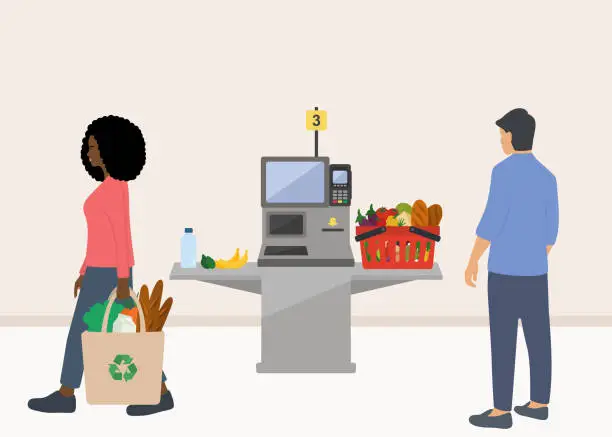Vector illustration of Self Checkout Supermarket Kiosk With Male Customer Buying Groceries. African Woman Carrying Recycled Shopping Bag With Fresh Food