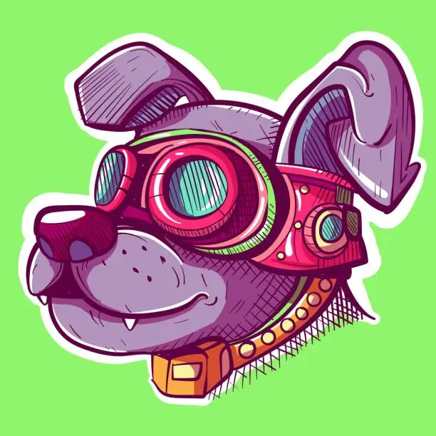 Vector illustration of Digital art of a steampunk dog head wearing glasses. Conceptual futuristic design of a robotic animal with tech components.