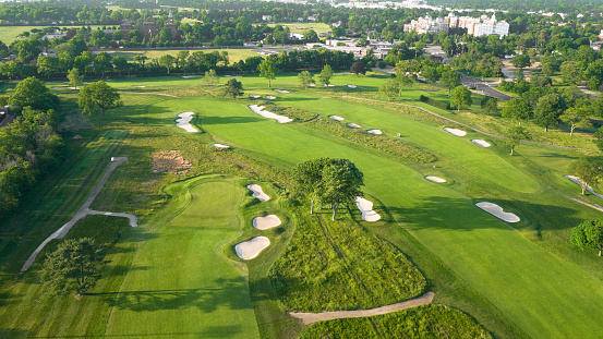 Aerial view of golf course over Garden City Long Island, NY
