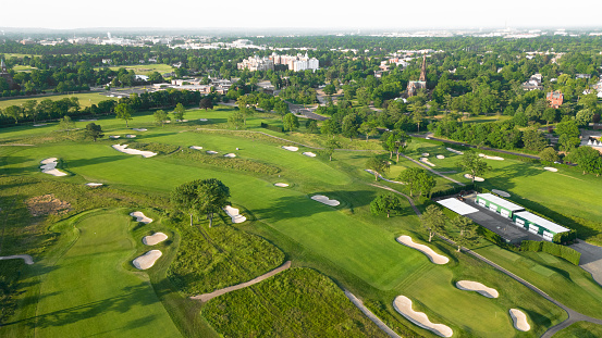 Aerial view of golf course over Garden City Long Island, NY
