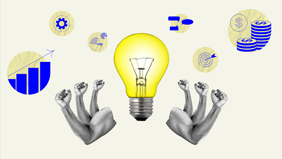 Human hands showing power over giant light bulb. Creative ideas and brainstorming. Analytics and strategy. Contemporary art collage. Concept of teamwork, business, office, occupation, multitasking