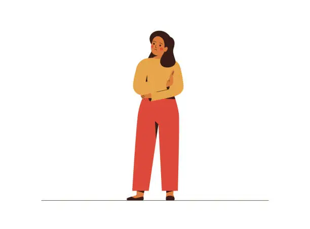 Vector illustration of Displeased woman showing stop gesture by hand. Irritated and sad girl crossed her hand as protest for something