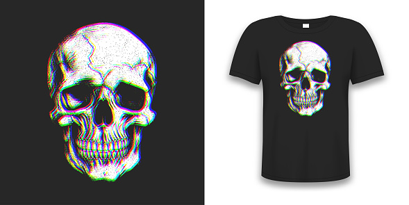 Skull illustration for t-shirt design. Colorful cyber style or glitch effect skull for t shirt print. Graphics for tee shirt and apparel. Vector.