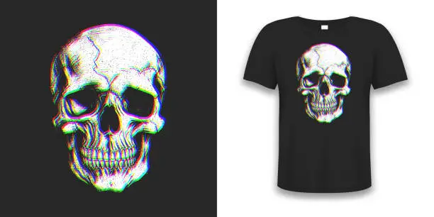 Vector illustration of Skull illustration for t-shirt design. Colorful cyber style or glitch effect skull for t shirt print. Graphics for tee shirt and apparel.