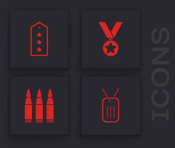 Vector illustration of Set Military dog tag, rank, reward medal and Bullet icon. Vector