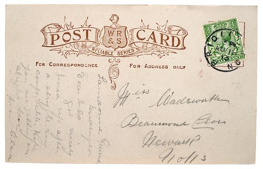 Old vintage postcard, handwriting British stamp 1910s