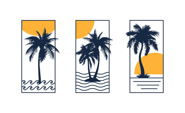 illustrations, cliparts, dessins animés et icônes de ensemble d’affiches estivales avec silhouette de palmier, soleil et vagues de ligne. bannière minimaliste vintage, étiquette ou t-shirt avec des palmiers au coucher du soleil. vecteur - text surfing surf palm tree
