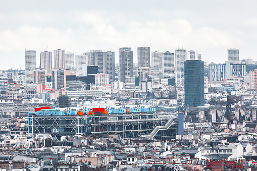 Modern Paris cityscape panorama . Buildings architecture of Paris district . Grey city background